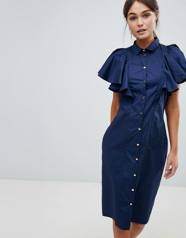 Closet Button Up Frill Sleeve Dress - Navy