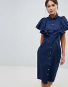 Closet Button Up Frill Sleeve Dress - Navy