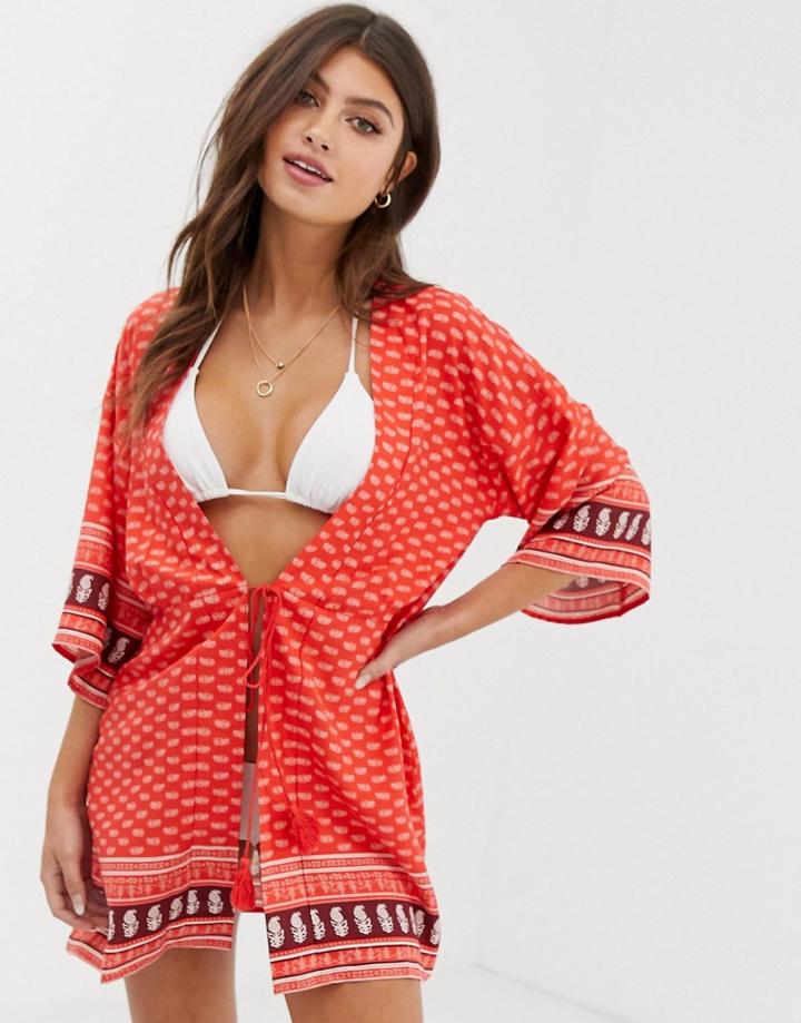 Influence Border Print Beach Kimono With Tie Front - Red