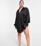 Asos Design Curve Slouchy Satin Plunge Shirt Mini Dress In Black