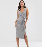 Asos Design Tall Shawl Collar Tie Front Midi Dress With Button Skirt - Gray