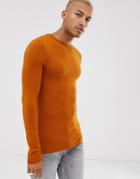 Asos Design Organic Muscle Fit Long Sleeve T-shirt In Brown - Brown