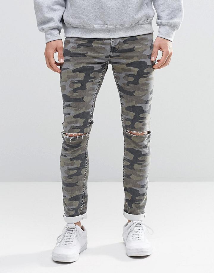 Asos Super Skinny Jeans With Knee Rips In Camo - Khaki