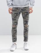 Asos Super Skinny Jeans With Knee Rips In Camo - Khaki