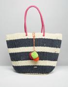 Nali Striped Straw Bag With Multi Color Pom Pom - Multi