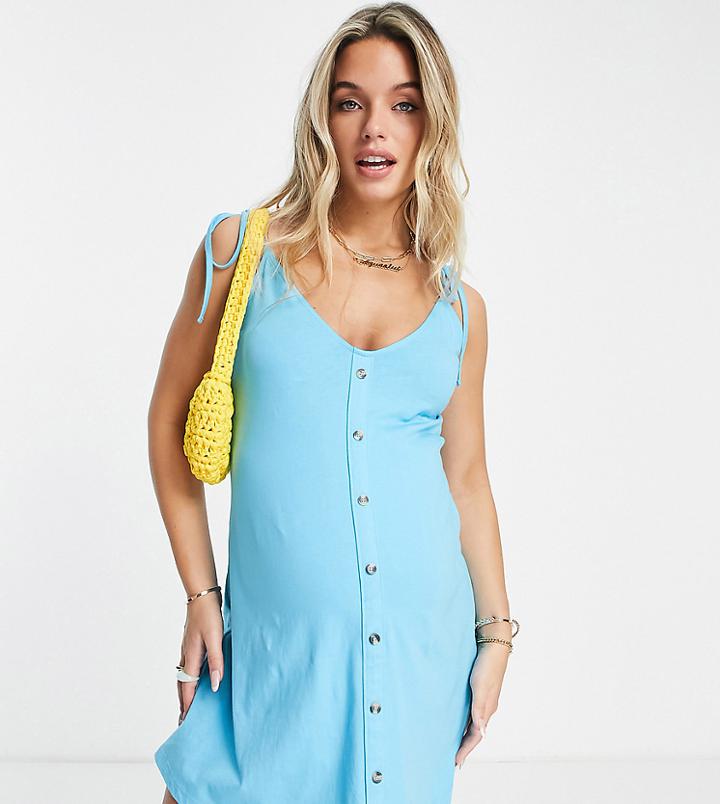 Asos Design Maternity Mini Button Through Tie Shoulder Sundress In Turquoise-blue