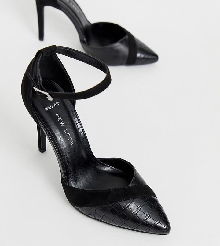 New Look Wide Fit Croc Mix Point Heel In Black - Black