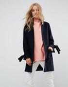 Helene Berman Wool Blend Notch Collar Coat With Tie Cuffs - Navy