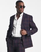 Asos Design Slim Suit Jacket In Burgundy Blackwatch Tartan Plaid-red