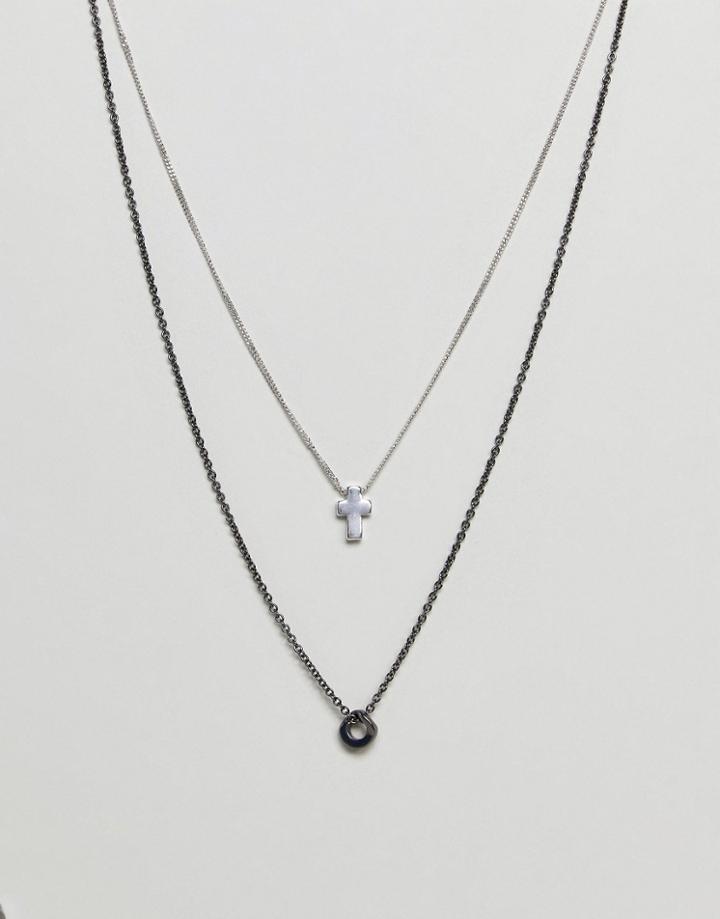Icon Brand Cross & Loop Necklace In Gunmetal & Silver In 2 Pack Exclusive To Asos - Silver