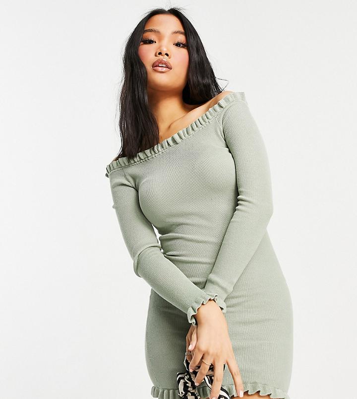 Threadbare Petite Brooke Ribbed Bardot Fitted Dress With Frilled Edges In Lilac-green