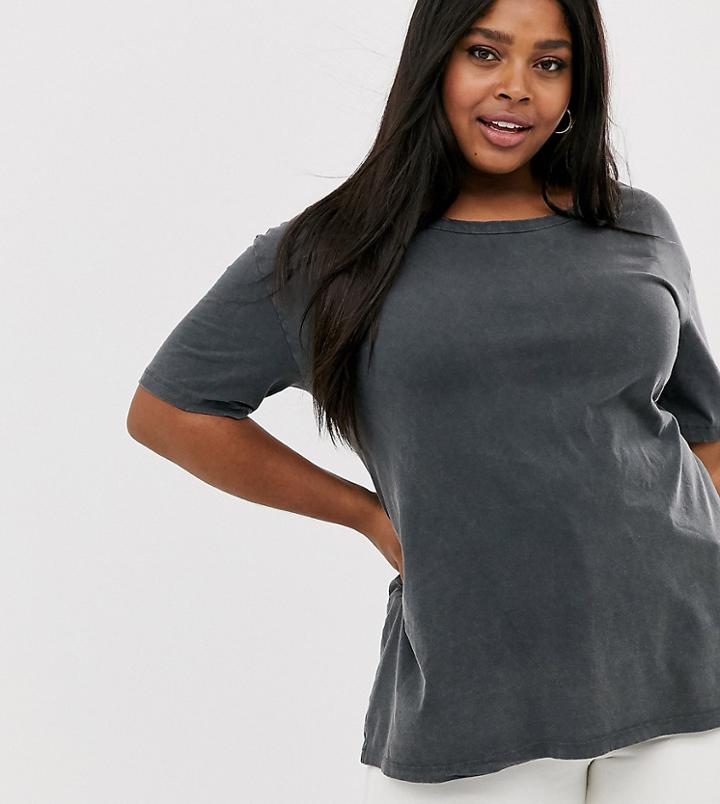 New Look Curve Acid Wash Boyfriend Tee In Gray - Gray