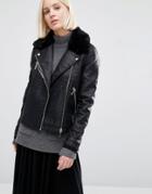 Warehouse Faux Fur Collar Leather Look Jacket - Black