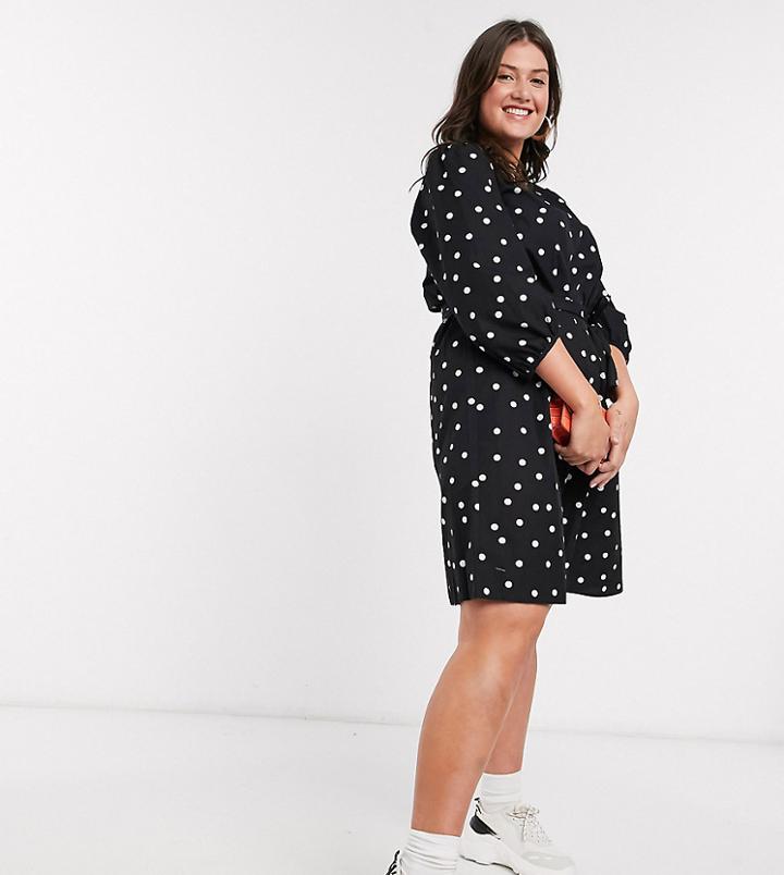 New Look Curve Poplin Belted Smock Dress In Polka Dot-black