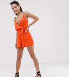 Asos Design Tall Cami Wrap Front Crinkle Romper-pink