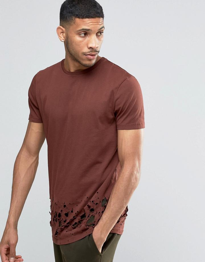 Asos Longline T-shirt With Distressed Hem In Chestnut - Chestnut