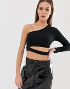 Asos Design Rib One Shoulder Long Sleeve Top With Cut Out In Black