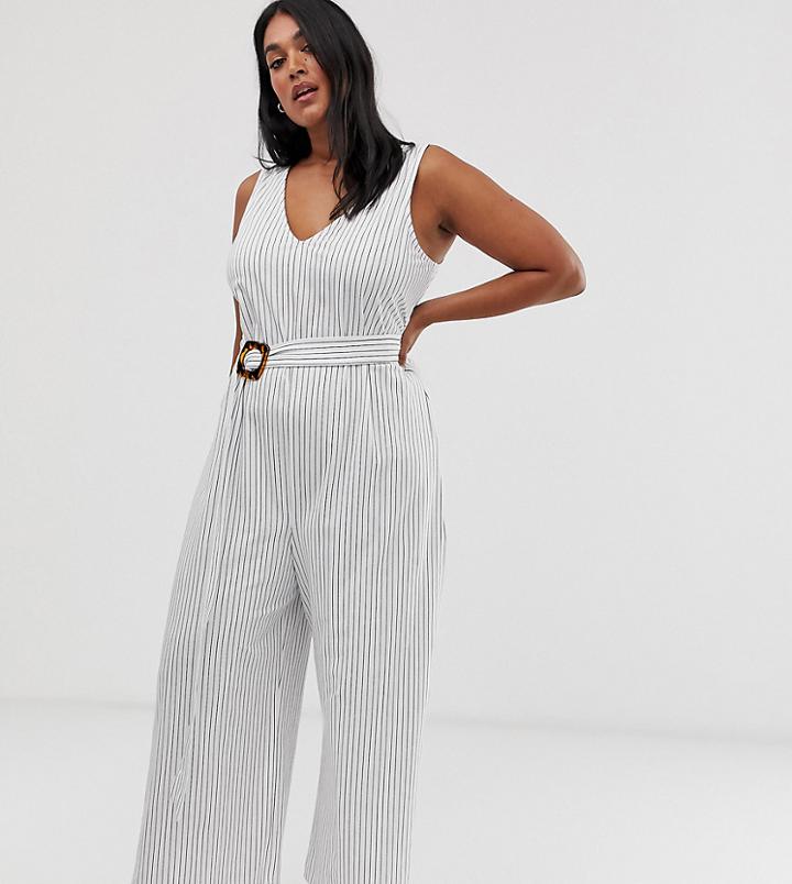 Asos Design Curve Stripe Print V Neck Belted Jumpsuit-multi