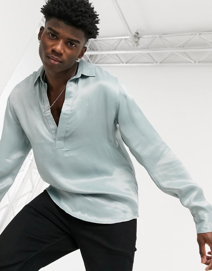 Asos Design Overhead Satin Shirt With Collar In Sage Green
