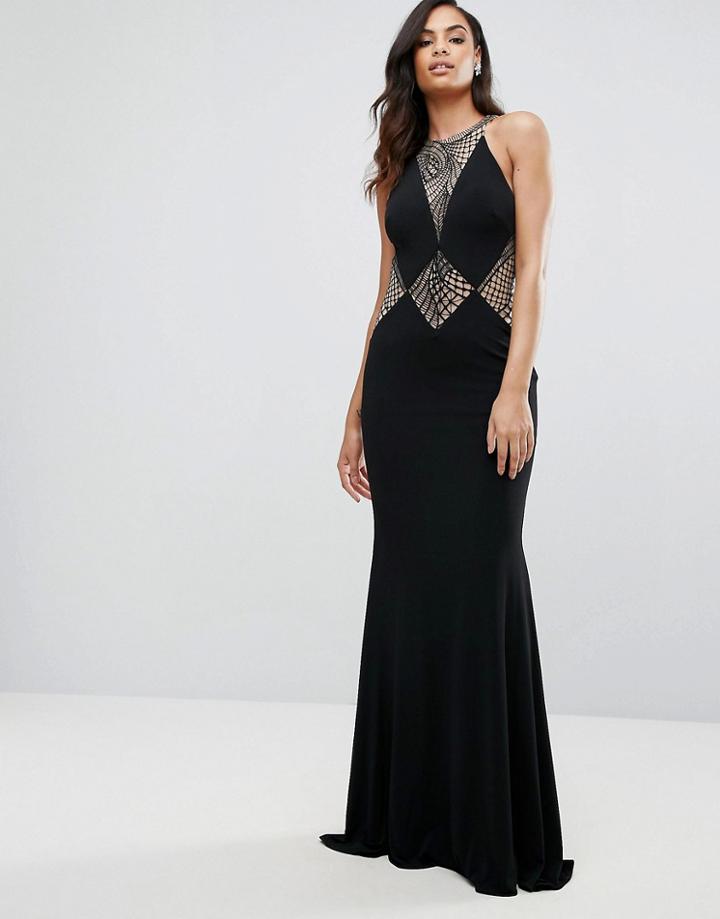 Jovani Fishtail Maxi Dress With Cut Out Lace Detail - Black
