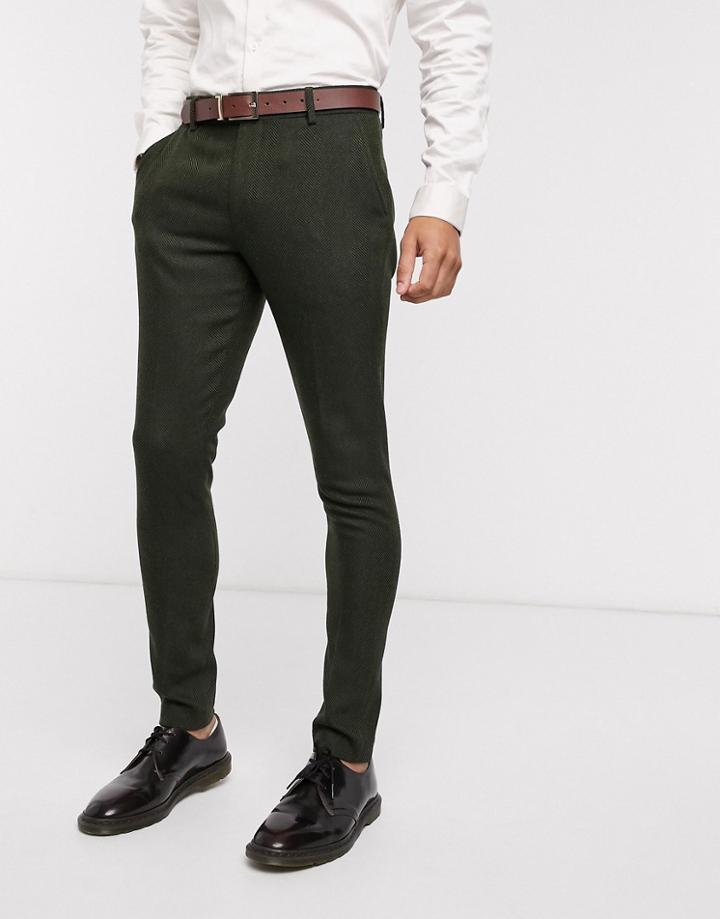 Asos Design Wedding Super Skinny Wool Mix Suit Pants In Khaki Herringbone-green