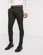 Asos Design Wedding Super Skinny Wool Mix Suit Pants In Khaki Herringbone-green