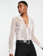 Asos Design Skinny Mesh Shirt With Placement Embroidery In White