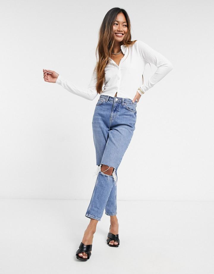 Asos Design Fitted Ribbed Crop Shirt In Ecru-white