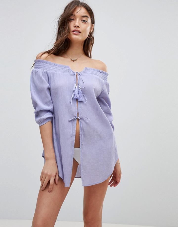 Asos Off Shoulder Tassel Tie Front Beach Cover Up - Blue