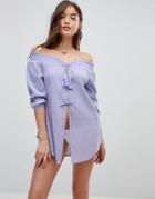 Asos Off Shoulder Tassel Tie Front Beach Cover Up - Blue
