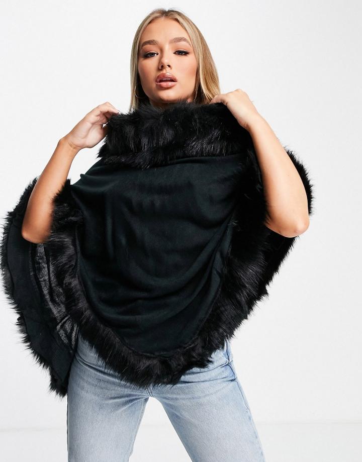 Jayley Faux Fur Trim Poncho In Black