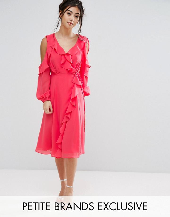 True Decadence Petite Cold Shoulder Wrap Front Ruffle Detail Skater Dress - Pink