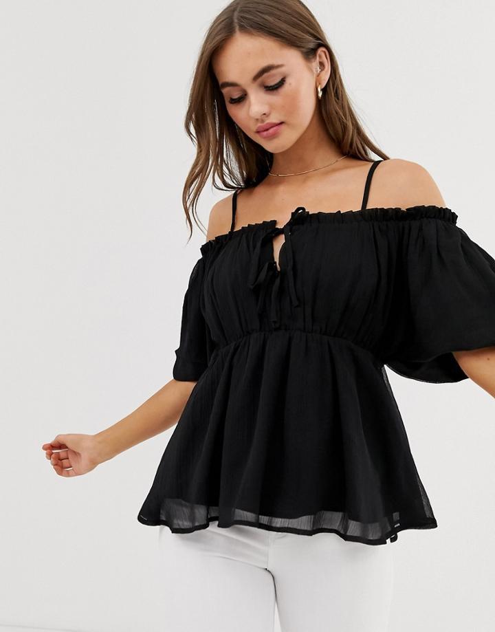 Asos Design Off Shoulder Top With Tie Front Detail-white