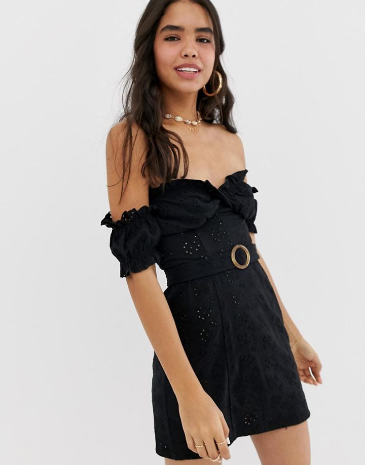 Asos Design Bardot Mini Broderie Sundress With Faux Tortoiseshell Belt - Black