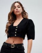 Asos Design Crop Top With Puff Sleeves In Washed Black - Black