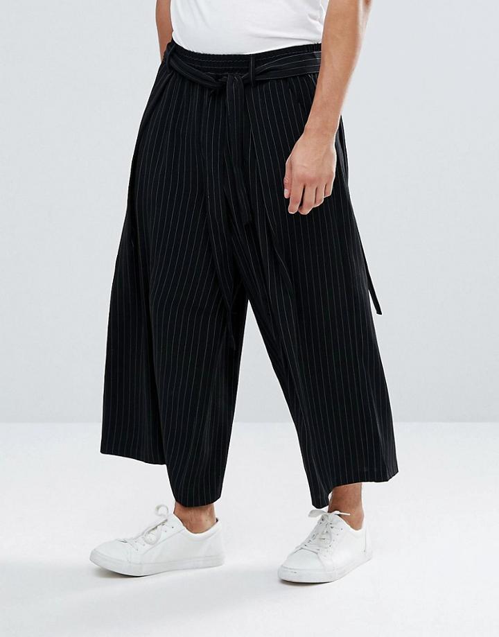 Asos Wide Pants With Pinstripe In Black - Black