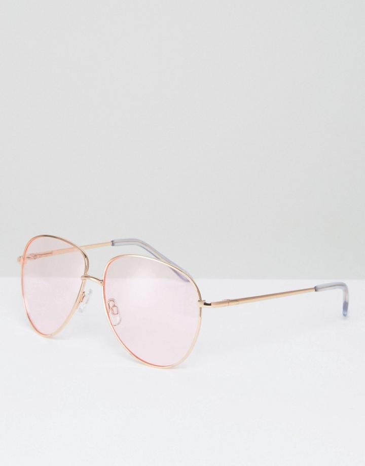 Asos Metal Aviator Sunglasses In Rose Gold With Pink Colored Lens - Gold
