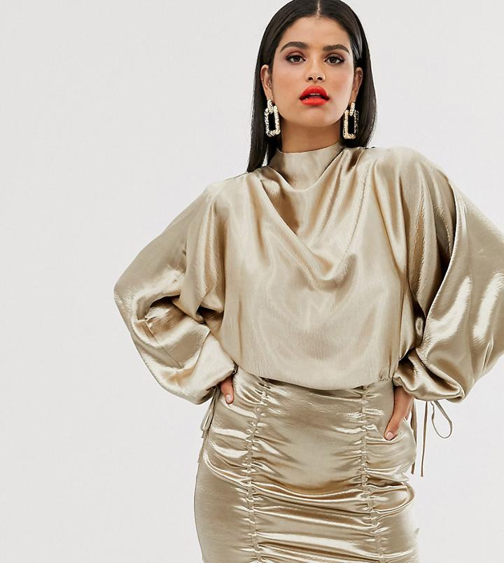 Asos Design Tall Satin Mini Dress With Ruched Skirt And Blouson Top - Pink