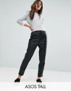 Asos Tall Leather Look Tapered Pant With Elasticated Back - Black