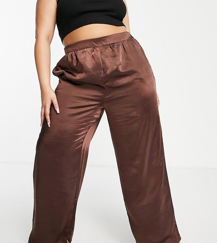 Pretty Lavish Curve Satin Pants In Chocolate Brown - Part Of A Set