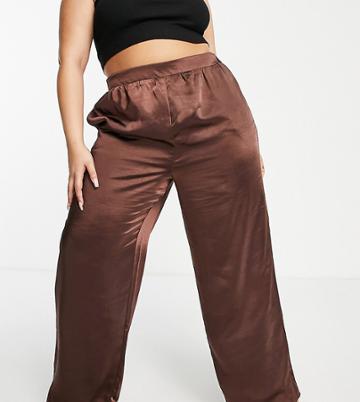 Pretty Lavish Curve Satin Pants In Chocolate Brown - Part Of A Set