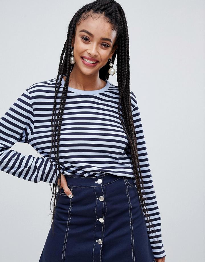 Monki Crew Neck Oversized Top With Long Sleeeves In Blue Stripe - Blue