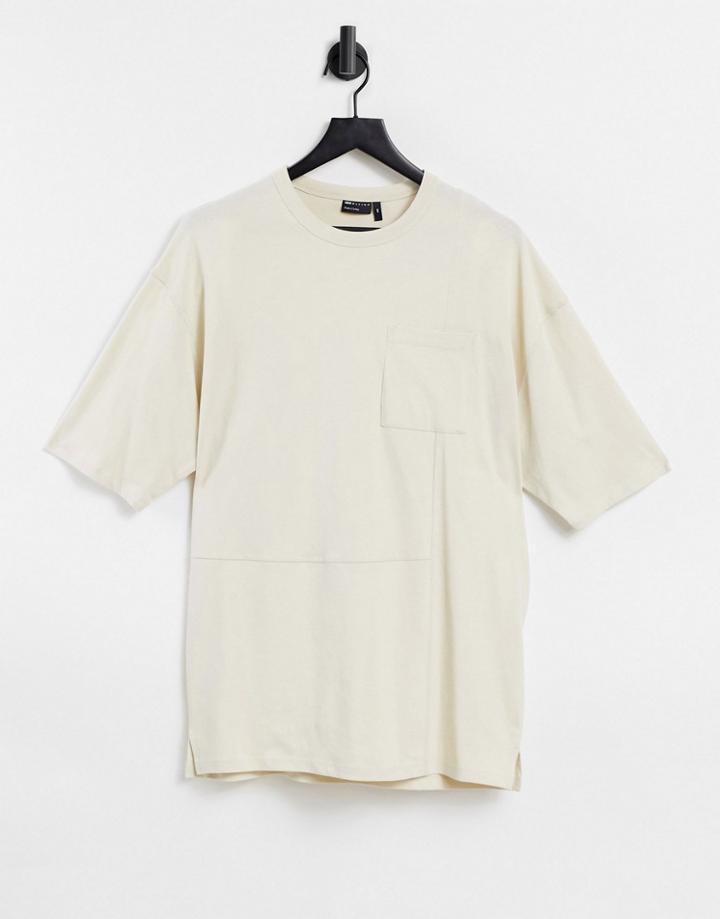 Asos Design Oversized Longline T-shirt With Seam Detail In Beige-neutral