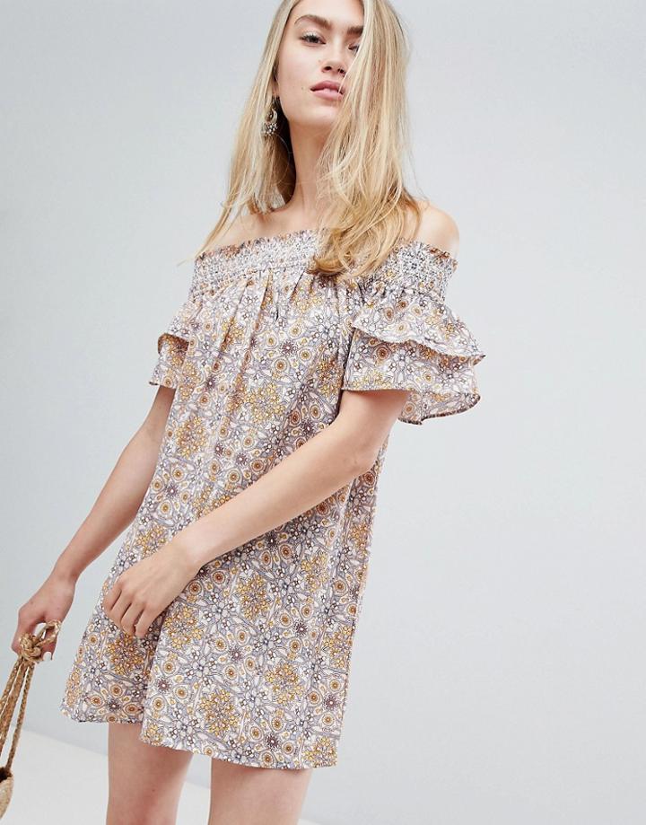 En Creme Off Shoulder Floral Mini Dress - Cream