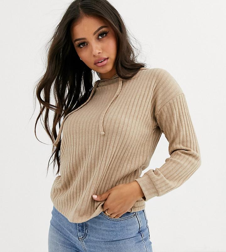 New Look Petite Lounge Ribbed Hoody Coord In Camel-beige