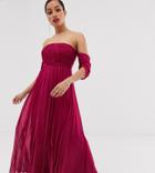 Asos Design Petite Bridesmaid Bardot Ruched Pleated Maxi Dress - Red