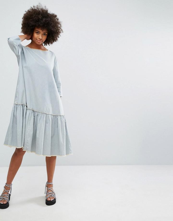 Waven Stripe Dress With Frill Hem - Blue