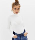Collusion Petite Long Sleeve Roll Neck Top - White