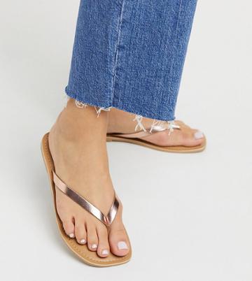 Rule London Wide Fit Leather Square Toe Flip Flops In Rose Gold-copper