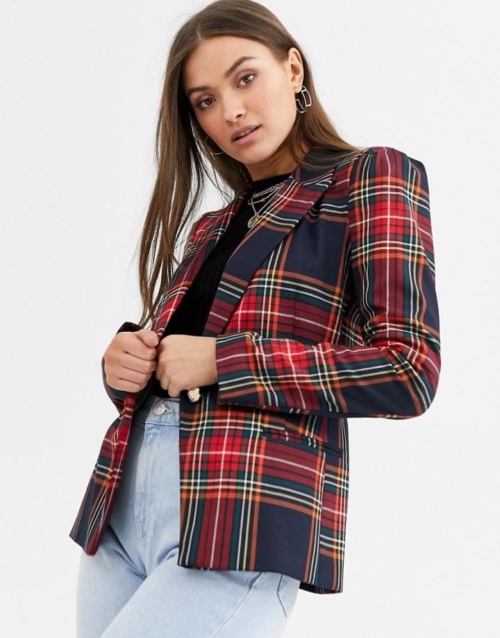 River Island Puff Sleeve Blazer In Plaid Two-piece-navy